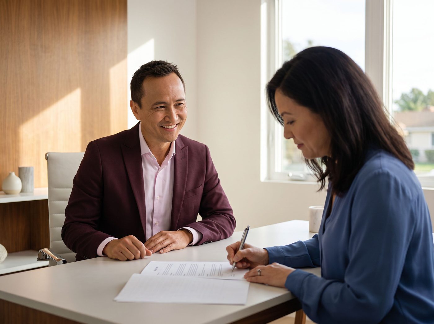 A homeowner signing buyout-refinance documents with Kiri Suykry, her mortgage loan originator, across the desk