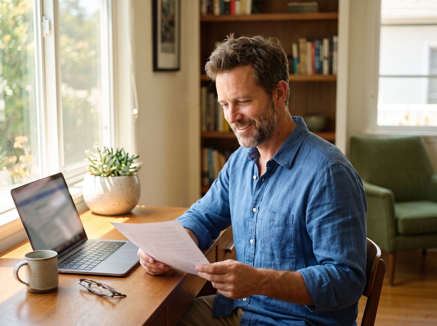 A man reviewing his credit and finances confidently at a home desk — the rebuild starts here