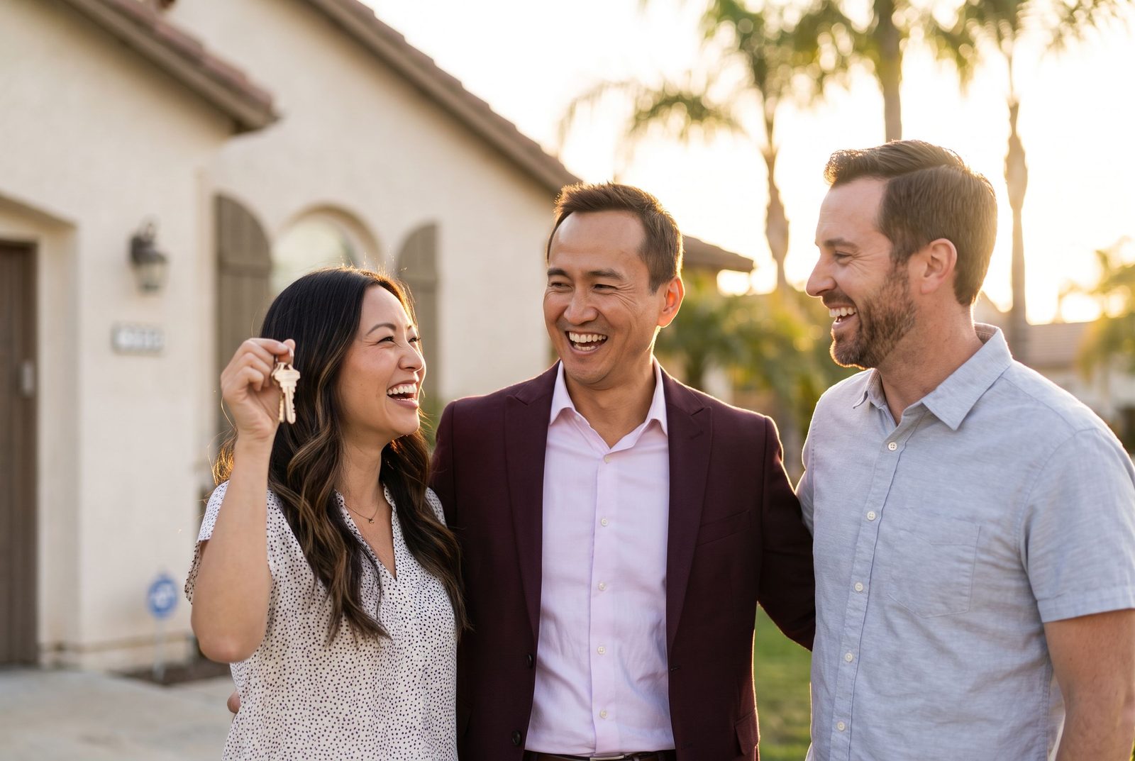Kiri Suykry laughing with a happy couple in front of their home, the woman holding up new keys